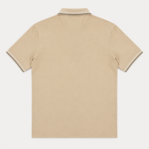 “Tan Lacoste polo shirt back view with striped collar and cuffs”