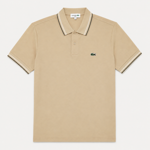 “Lacoste tan polo shirt with crocodile logo and striped collar”
