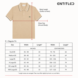 “Lacoste polo shirt size chart with chest and length measurements”
